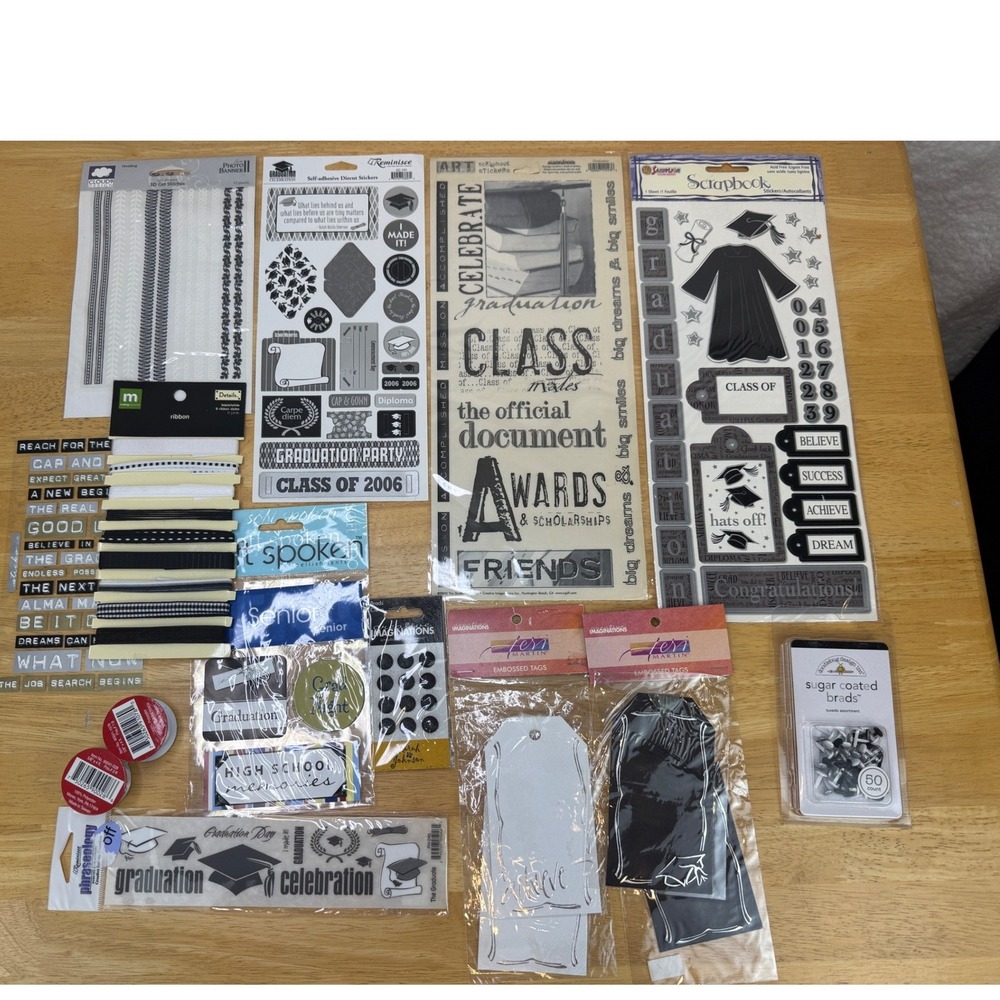 Graduation Scrapbook Kit Lot Stickers Ribbon Brads Tags Black White Silver‎